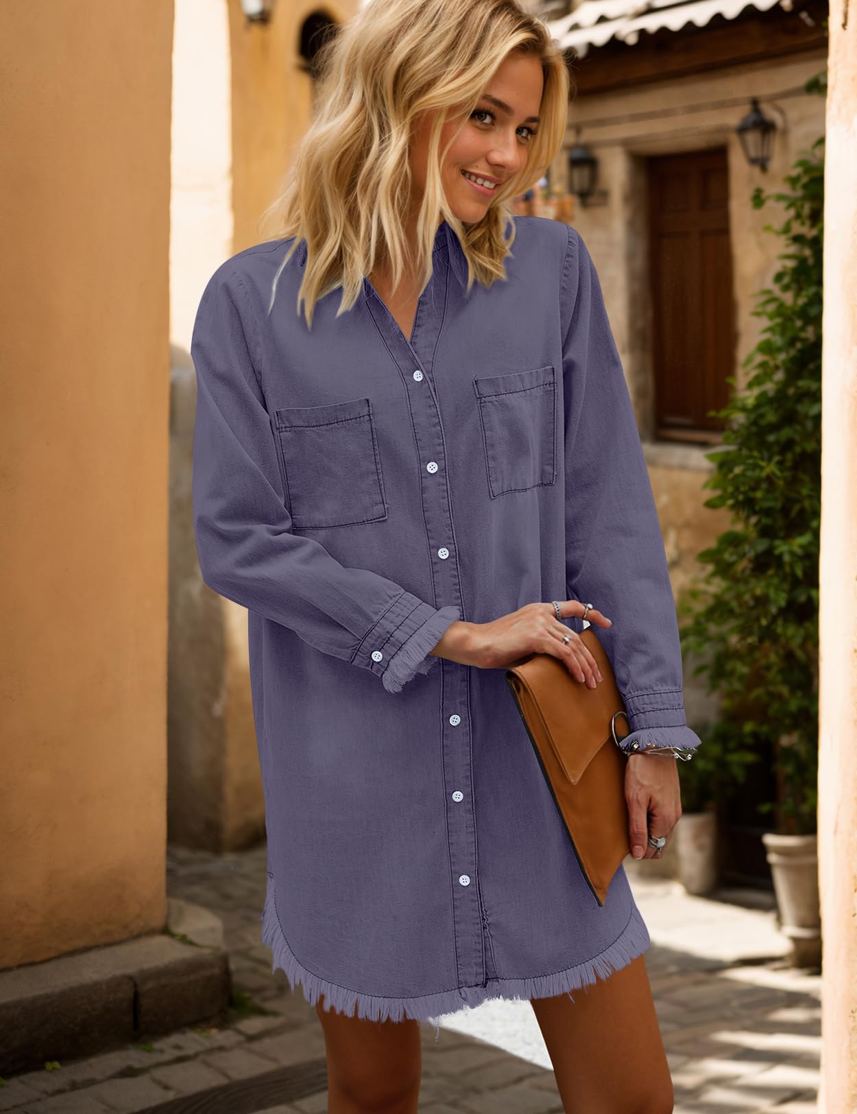 Zilcremo Women Denim Shirt Dresses Long Sleeve Distressed Jean Dress Button Down Casual Tunic Top