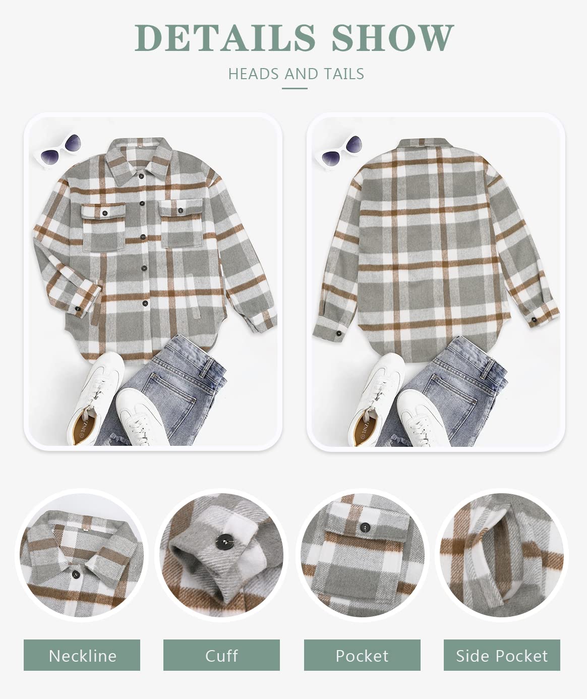 Beaully Women's Flannel Plaid Shacket Long Sleeve Button Down Shirts Jacket Coats with Side Pockets