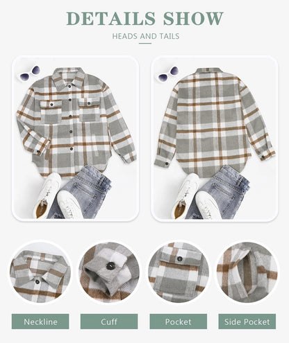 Beaully Women's Flannel Plaid Shacket Long Sleeve Button Down Shirts Jacket Coats with Side Pockets