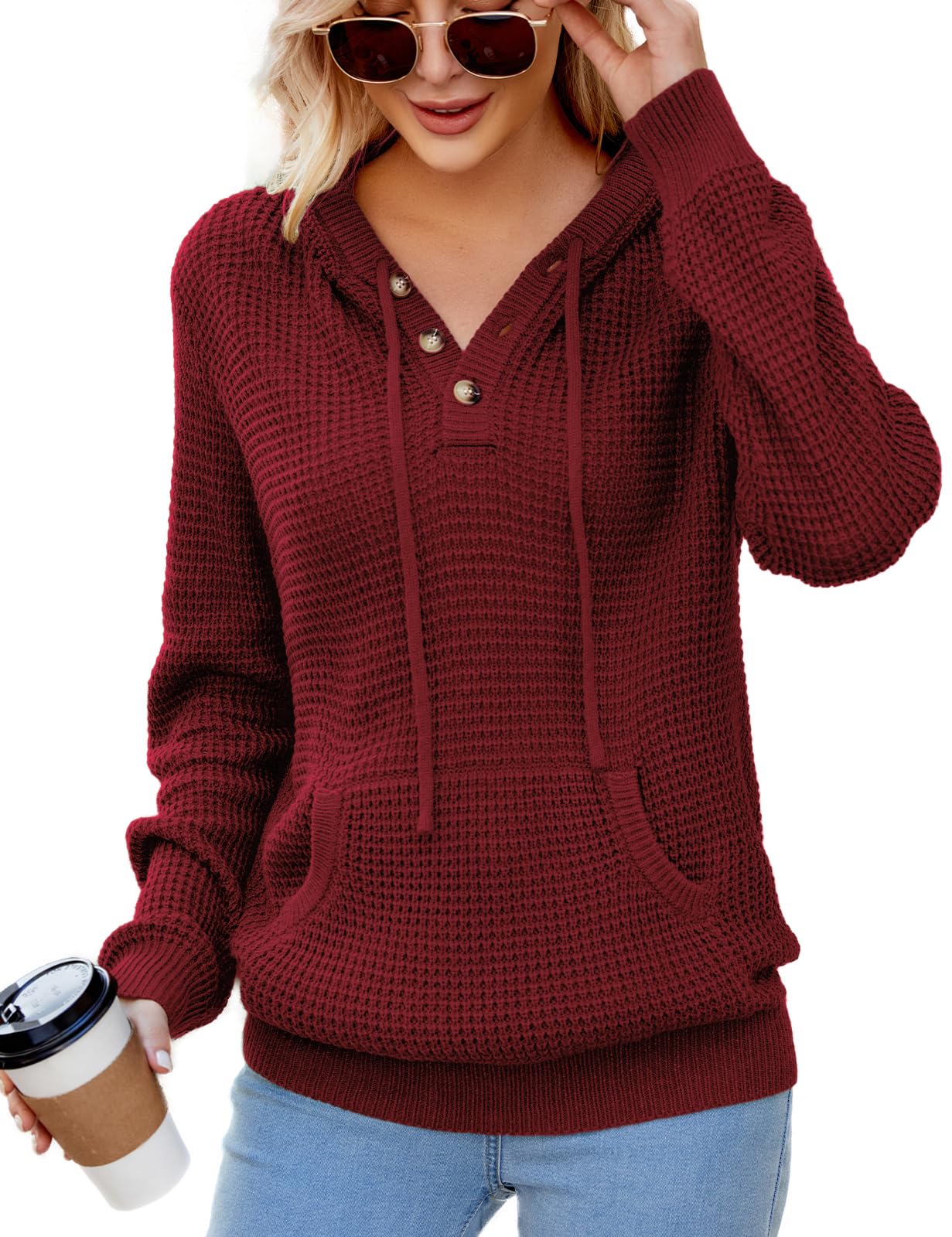 CiCiBird Women Fall Hoodies Sweater Knit V Neck Tops Oversized Fashion Pullover Casual Long Sleeve Shirts with Pockets