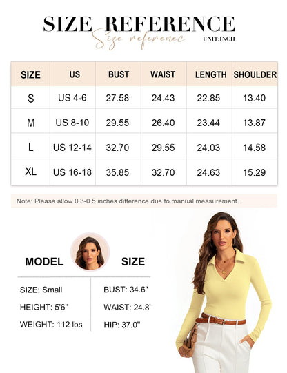Womens Long Sleeve V Neck Polo Shirts Business Casual Collared Work Top Slim Fitted Basic 2024 Fall Shirt