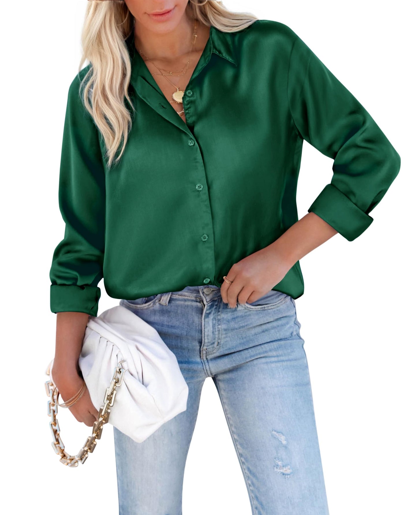 siliteelon Satin Blouses for Women Silk Button Down Shirts Casual Long Sleeve Shirt Business Office Work Tunic Tops