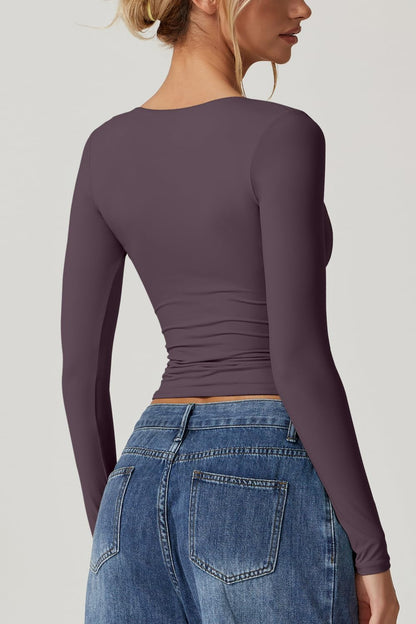 QINSEN Women's Long Sleeve V Neck T Shirts Double Lined Crop Top Seamed Cup Going Out Tops