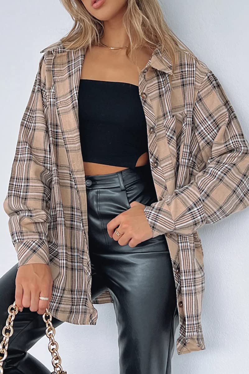 CHYRII Womens Button Down Flannel Shirts Long Sleeve Plaid Shackets Business Casual Blouse Top
