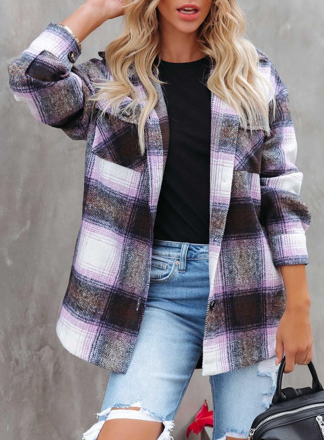 Beaully Women's Flannel Plaid Shacket Long Sleeve Button Down Shirts Jacket Coats with Side Pockets