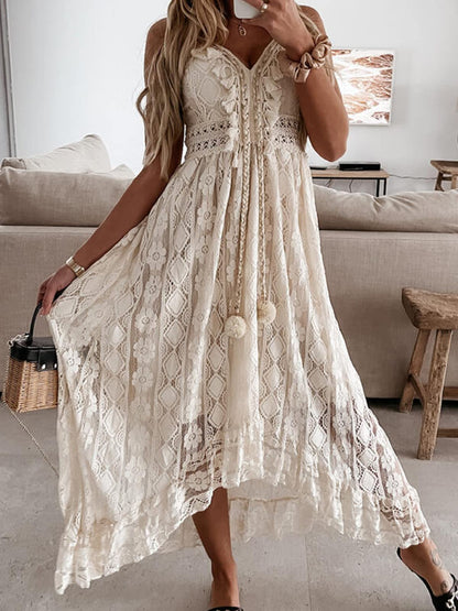 CUPSHE Women's Maxi Dress Lace Dresses Boho Tassel V-Neck Flare Ruffle Adjustable Straps Beach Summer Long Dress