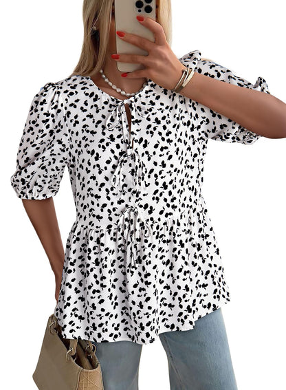 Dokotoo Womens Tops Casual Crewneck Babydoll Peplum Puff Sleeve Shirts Bow Tie Front Boho Summer Blouses