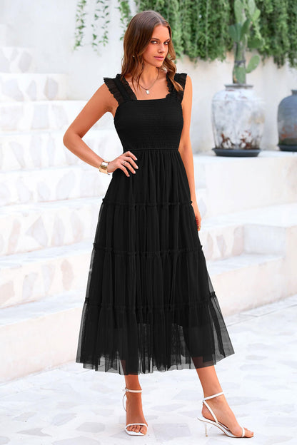 PRETTYGARDEN Women's 2024 Summer Midi Dress Casual Sleeveless Smocked Ruffle Tulle Flowy Party Wedding Guest Sundress