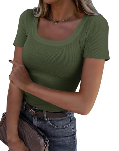 Roselux Women's Summer Scoop Neck Short Sleeve T-Shirts Ribbed Knit Slim Fitted Casual Basic Top