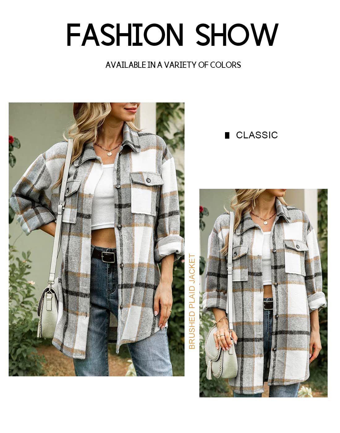 Beaully Women's Flannel Plaid Shacket Long Sleeve Button Down Shirts Jacket Coats with Side Pockets