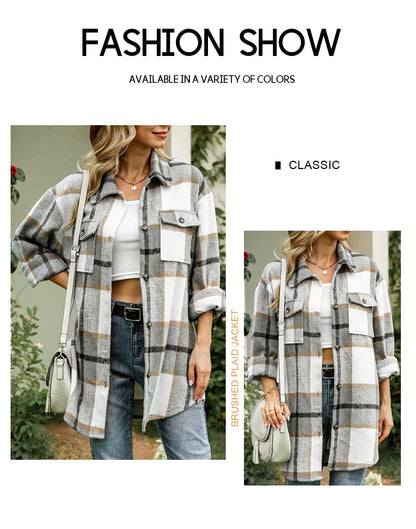 Beaully Women's Flannel Plaid Shacket Long Sleeve Button Down Shirts Jacket Coats with Side Pockets
