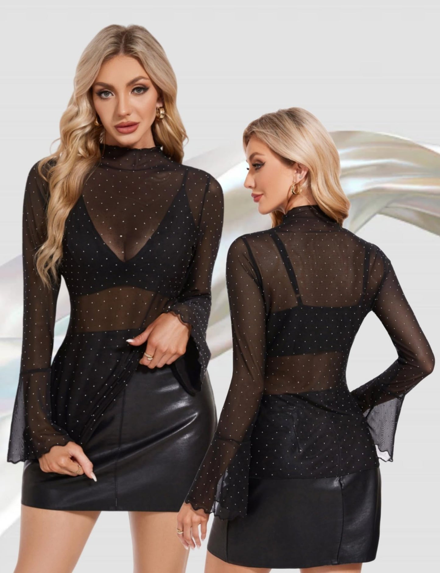 BBX Lephsnt Women Sheer Mesh Tops Long Bell Sleeve Rhinestone Top Mock Neck Blouses Sparkle Glitter Shirts See Through Tee