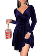 Sexyasasii Womens Wrap V Neck Long Sleeve Velvet Glitter A Line Cocktail Party Swing Fit and Flare Skater Mini Dress
