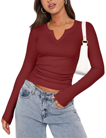 Zeagoo Womens Long Sleeve Shirts V-Neck Slim Fitted Knit Top Stretch Ribbed Basic Tee Casual Y2k Going Out T-Shirt