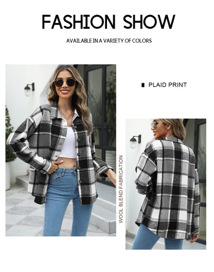 Beaully Women's Flannel Plaid Shacket Long Sleeve Button Down Shirts Jacket Coats with Side Pockets