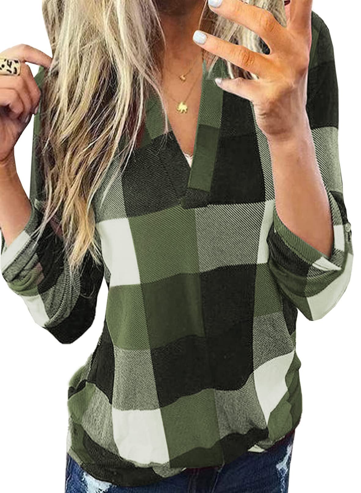Dokotoo Womens Basic Casual V Neck Plaid Print Cotton Cuffed Long Sleeve Work Tops Blouses Shirts S-3XL