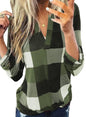 Dokotoo Womens Basic Casual V Neck Plaid Print Cotton Cuffed Long Sleeve Work Tops Blouses Shirts S-3XL