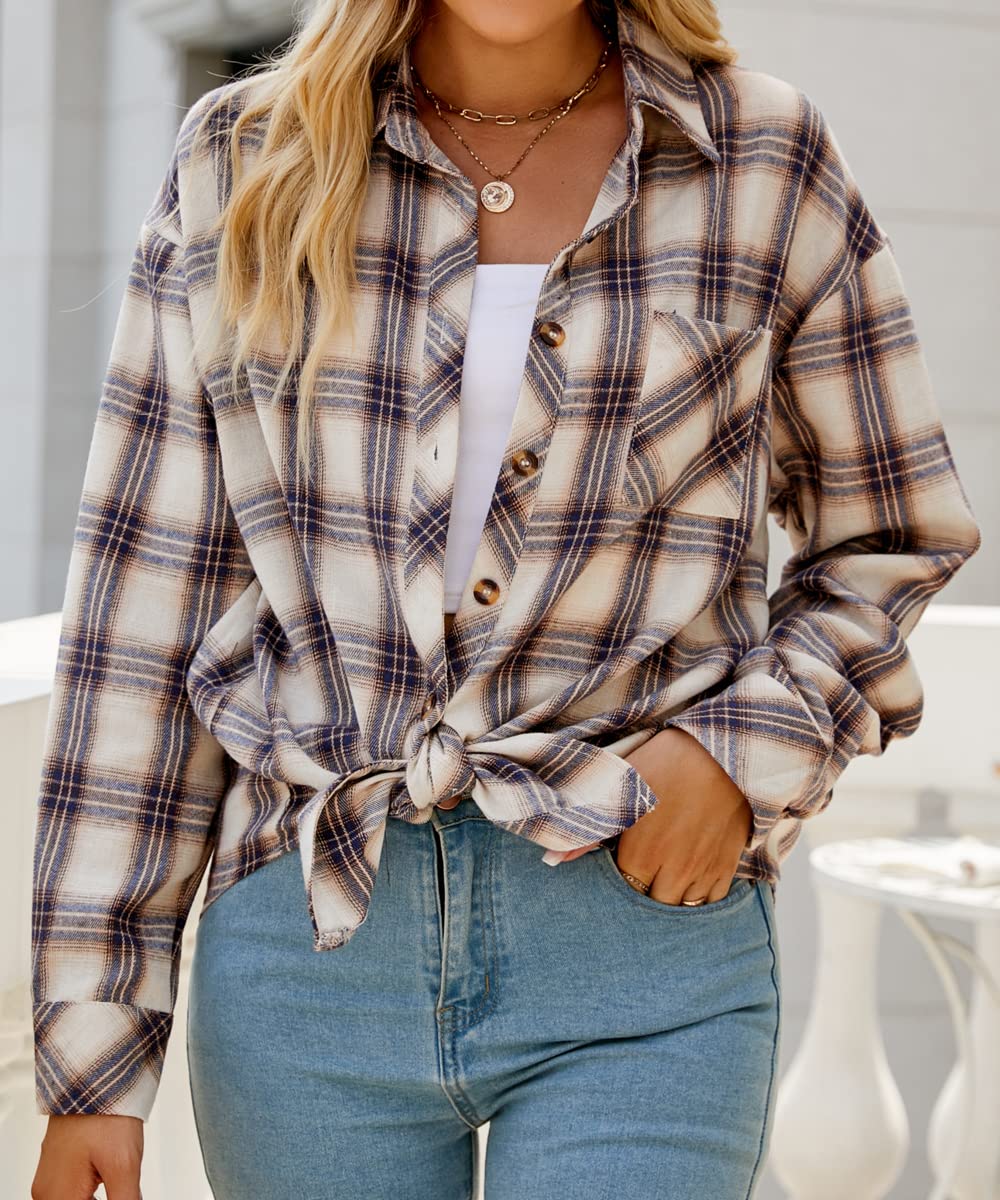 CHYRII Womens Button Down Flannel Shirts Long Sleeve Plaid Shackets Business Casual Blouse Top
