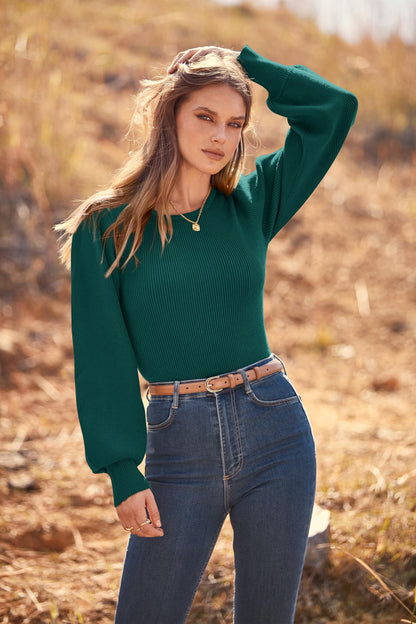 MASCOMODA Long Puff Sleeve Sweaters for Women 2024 Fall Winter Crewneck Knit Ribbed Bodysuit Pullover Tops