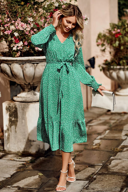 PRETTYGARDEN Women's Floral Print Boho Dress Long Sleeve Wrap V Neck Ruffle Belted A-Line Flowy Maxi Dresses