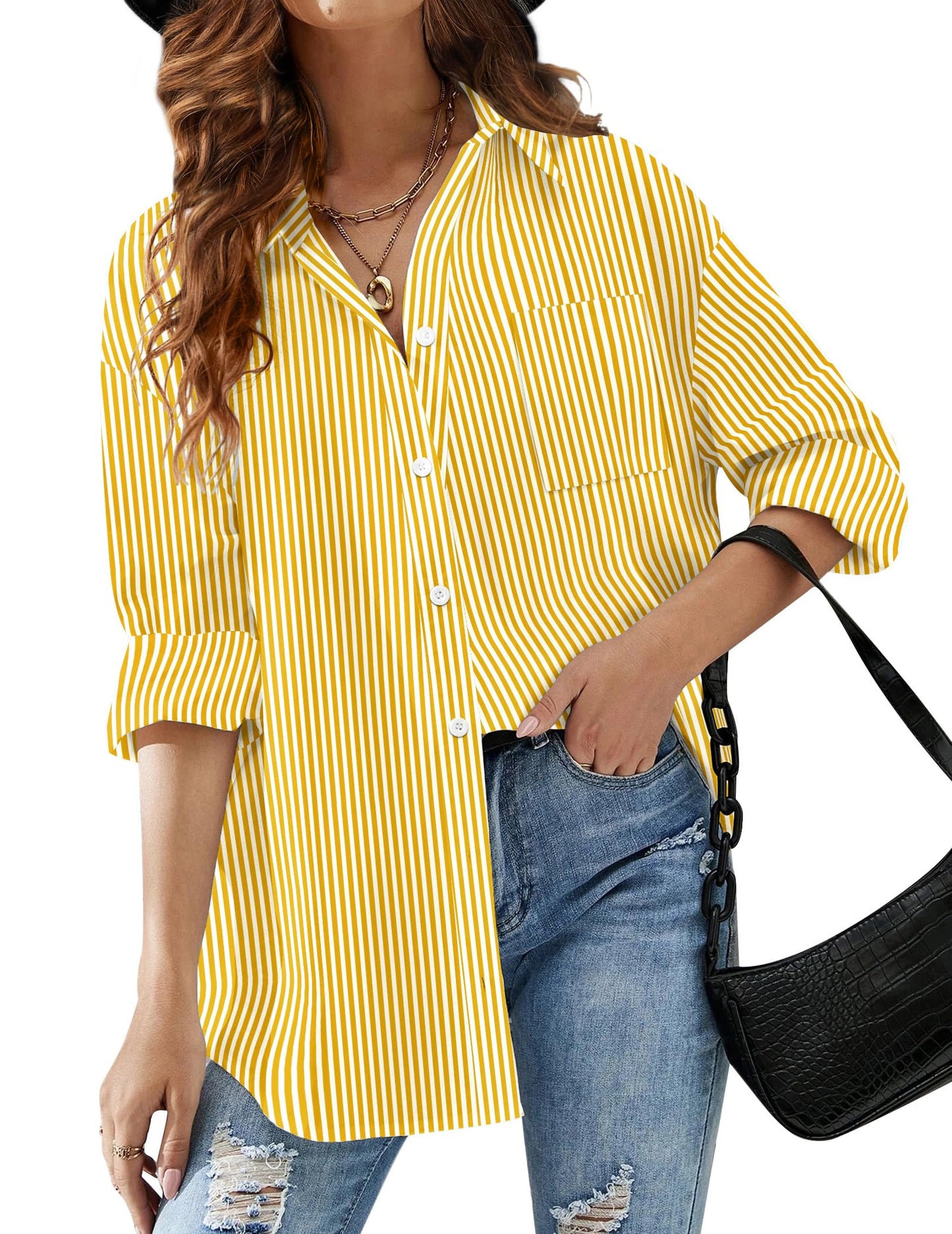 HOTOUCH Women Oversized Button Down Shirts Office Drop Shoulder Blouse Long Sleeve Boyfriend Dress Shirt with Pockets