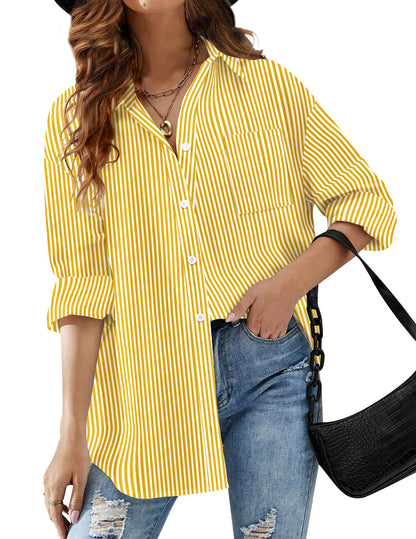HOTOUCH Women Oversized Button Down Shirts Office Drop Shoulder Blouse Long Sleeve Boyfriend Dress Shirt with Pockets