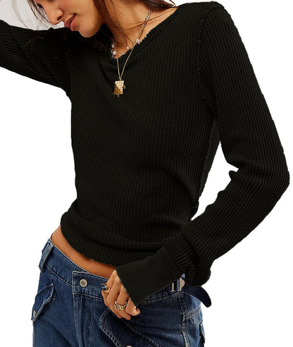 Women's Waffle Knit Tops Long Sleeve Shirts Slim Fitted Pullover Crewneck Shirt Fall Winter Tops 2024