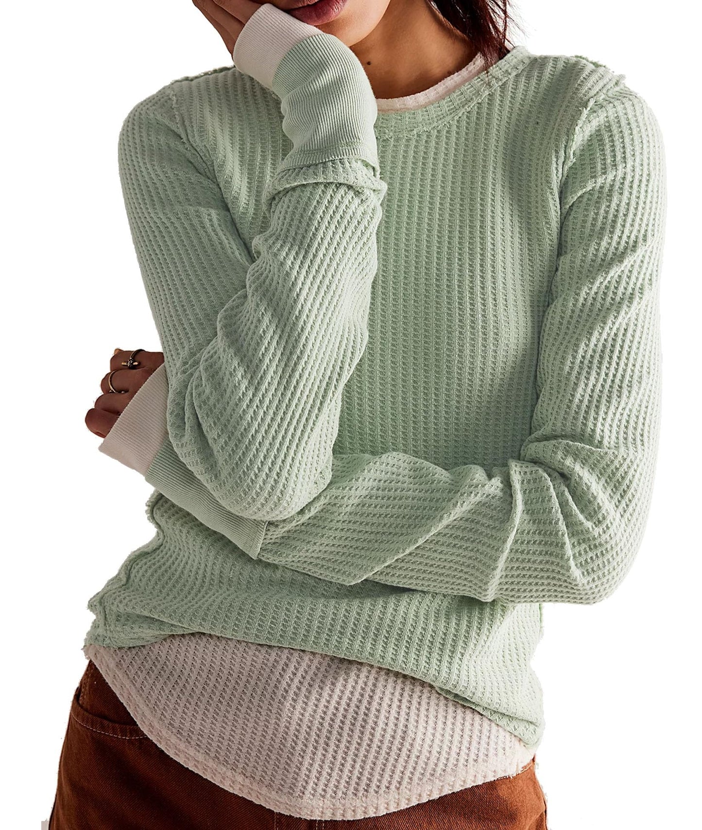Women's Waffle Knit Tops Long Sleeve Shirts Slim Fitted Pullover Crewneck Shirt Fall Winter Tops 2024