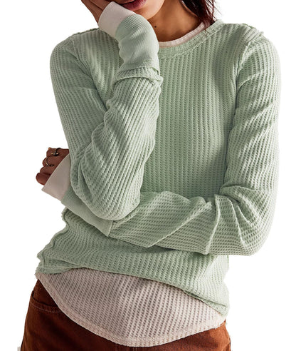 Women's Waffle Knit Tops Long Sleeve Shirts Slim Fitted Pullover Crewneck Shirt Fall Winter Tops 2024