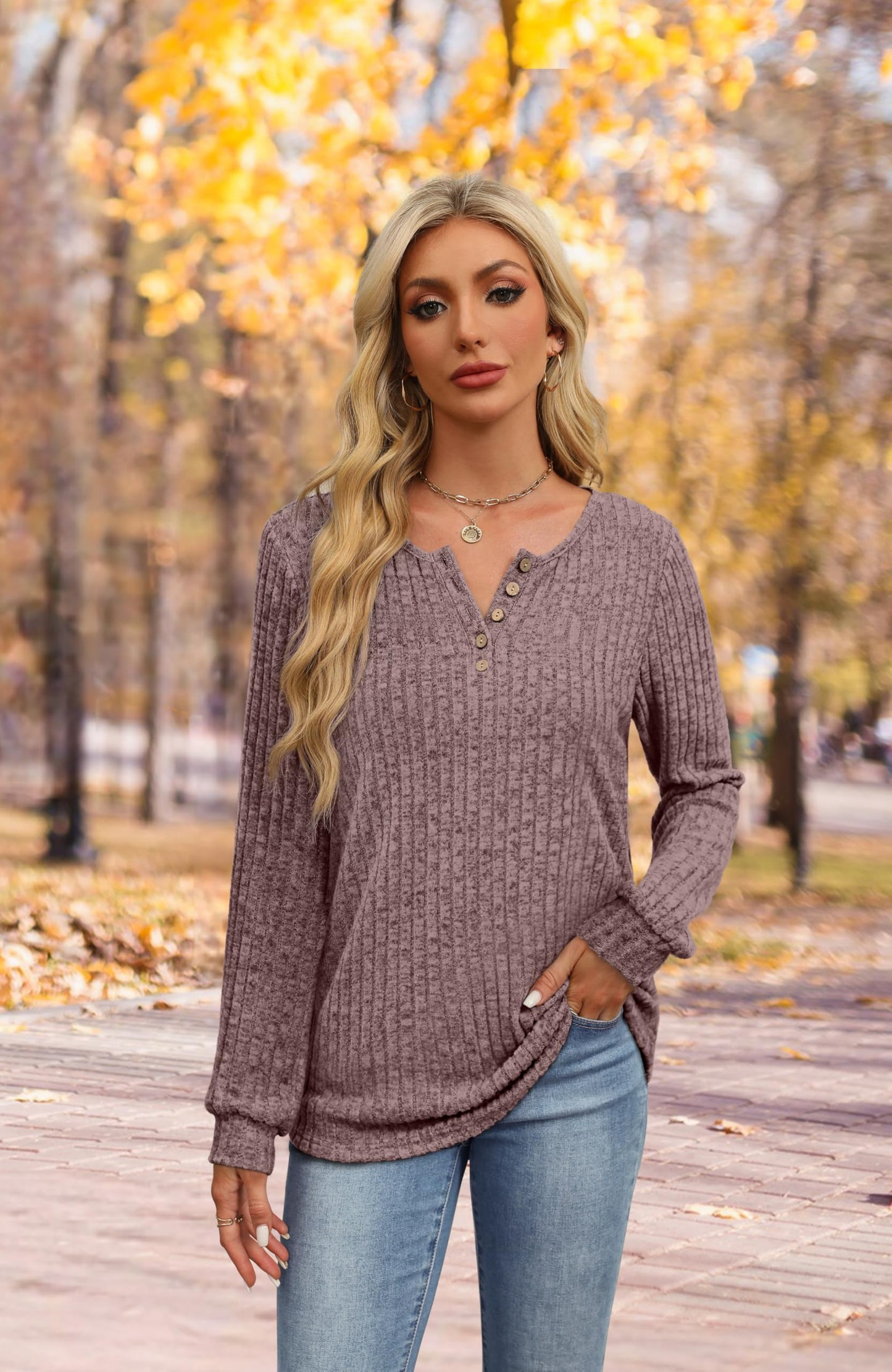 XIEERDUO Sweater for Women Long Sleeve Henley Shirts Tunic Tops to Wear with Leggings crew neck Sweaters Trendy 2024
