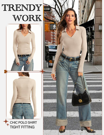 Womens Long Sleeve V Neck Polo Shirts Business Casual Collared Work Top Slim Fitted Basic 2024 Fall Shirt
