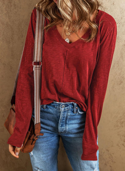 EVALESS Womens Casual V Neck Tops Spring Summer 2025 Long Sleeve Shirts Basic T Shirts Loose Fit T-Shirts Cotton Tee Clothes