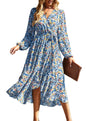 PRETTYGARDEN Women's Floral Print Boho Dress Long Sleeve Wrap V Neck Ruffle Belted A-Line Flowy Maxi Dresses