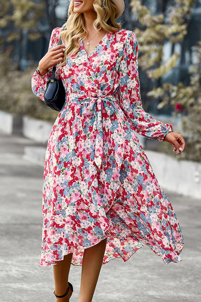 PRETTYGARDEN Women's Floral Print Boho Dress Long Sleeve Wrap V Neck Ruffle Belted A-Line Flowy Maxi Dresses