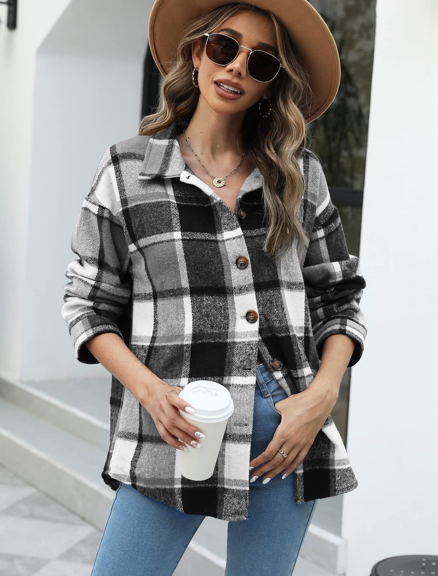 Beaully Women's Flannel Plaid Shacket Long Sleeve Button Down Shirts Jacket Coats with Side Pockets