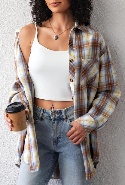 CHYRII Womens Button Down Flannel Shirts Long Sleeve Plaid Shackets Business Casual Blouse Top
