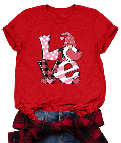 Valentine's Day Shirt for Womens Cute Gnomes T-Shirt Love Heart Printed Shirts Short Sleeve Graphic Tees Tops