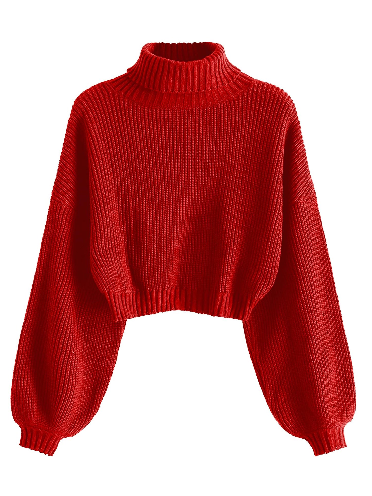 ZAFUL Women's Cropped Turtleneck Sweater Lantern Sleeve Ribbed Knit Pullover Sweater Jumper
