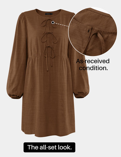 ZESICA Women's Dress Fall Long Puff Sleeve Self Tie Front Babydoll A Line Pleated Cute Mini Tunic Dresses 2025