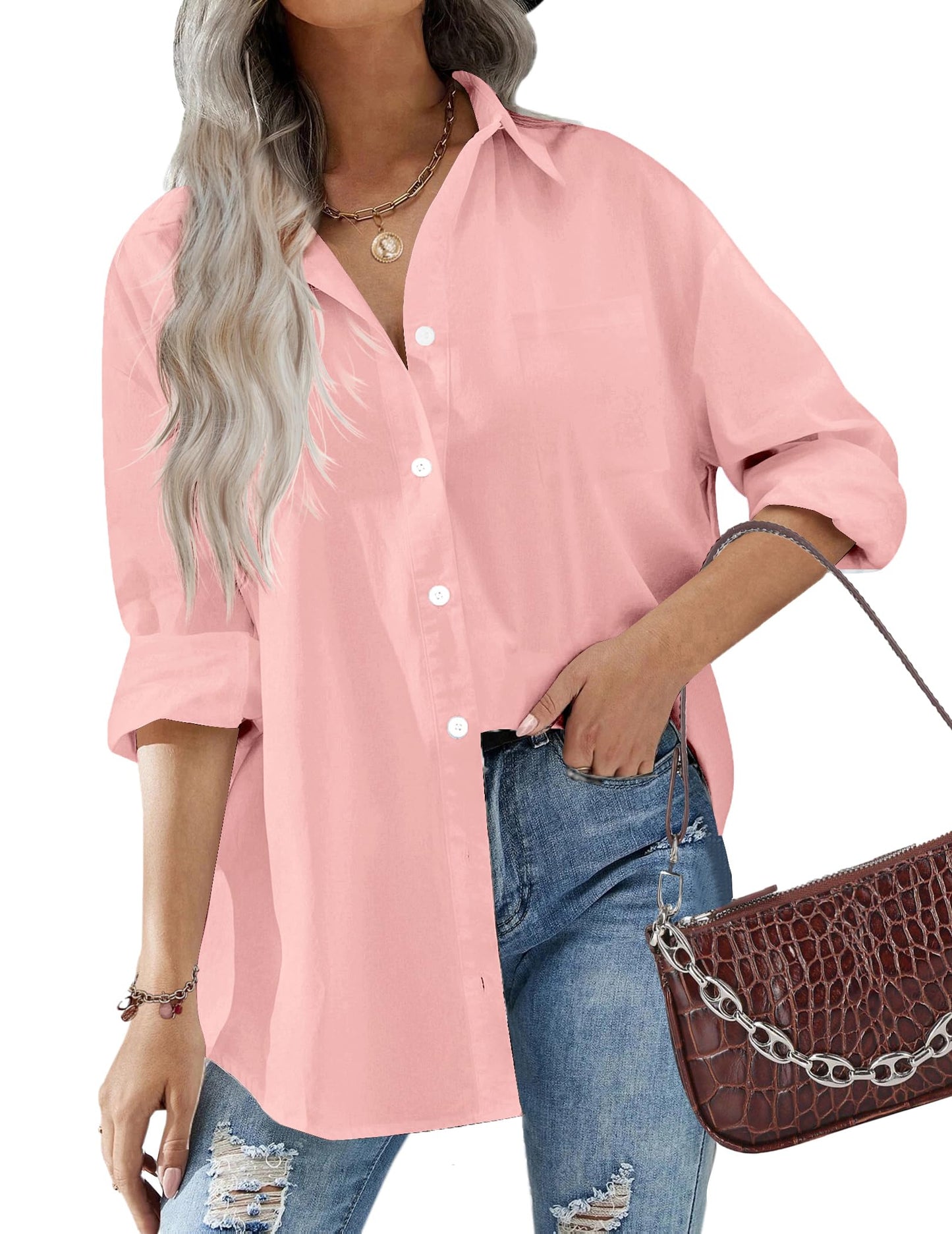 HOTOUCH Women Oversized Button Down Shirts Office Drop Shoulder Blouse Long Sleeve Boyfriend Dress Shirt with Pockets