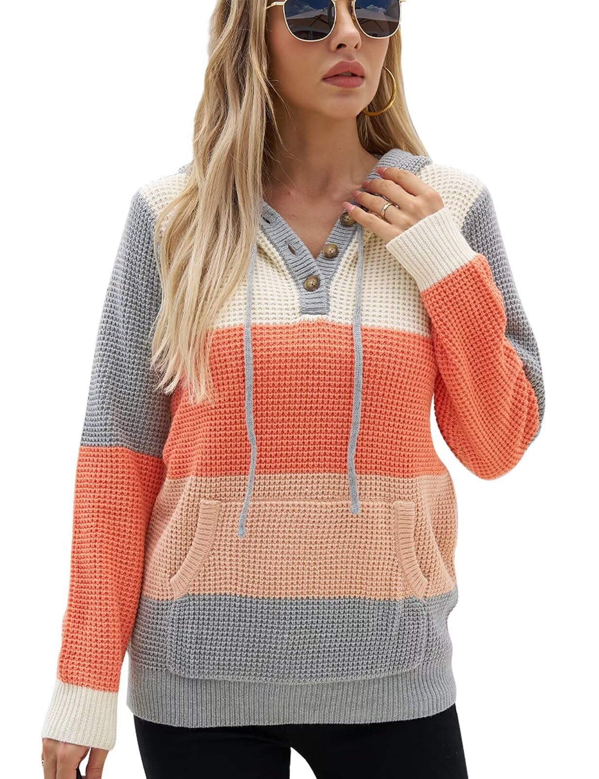 CiCiBird Women Fall Hoodies Sweater Knit V Neck Tops Oversized Fashion Pullover Casual Long Sleeve Shirts with Pockets
