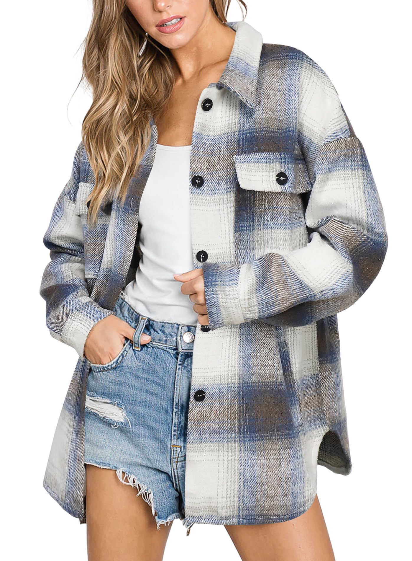 Beaully Women's Flannel Plaid Shacket Long Sleeve Button Down Shirts Jacket Coats with Side Pockets
