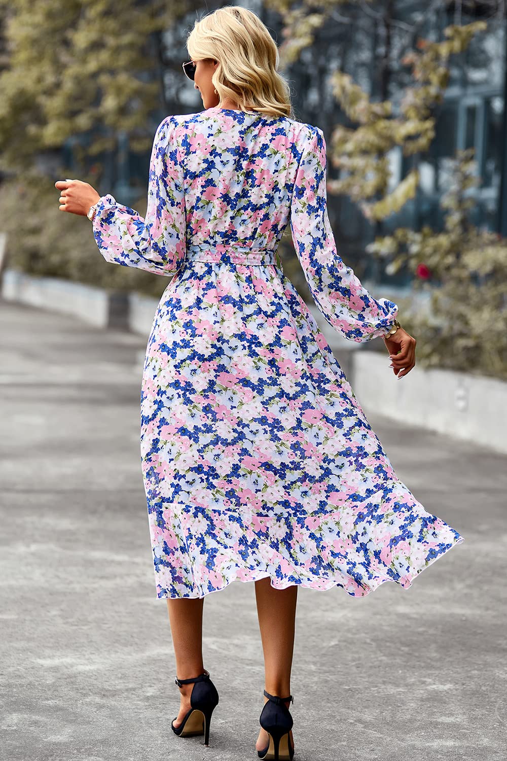 PRETTYGARDEN Women's Floral Print Boho Dress Long Sleeve Wrap V Neck Ruffle Belted A-Line Flowy Maxi Dresses