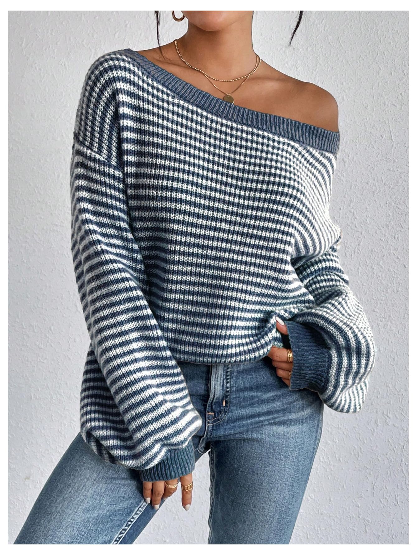 SOLY HUX Women's Off The Shoulder Striped Sweaters Oversized Long Sleeve Knit Pullover Tops