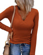 Zeagoo Womens Long Sleeve Shirts V-Neck Slim Fitted Knit Top Stretch Ribbed Basic Tee Casual Y2k Going Out T-Shirt
