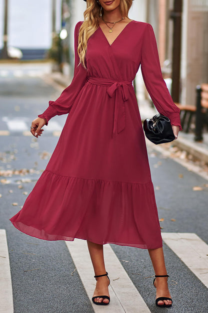 PRETTYGARDEN Women's Floral Print Boho Dress Long Sleeve Wrap V Neck Ruffle Belted A-Line Flowy Maxi Dresses
