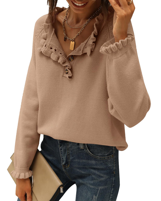 BTFBM 2024 Womens Sweaters Fall Winter Outfits Long Sleeve Button Down Ruffle Crew Neck Casual Knitted Pullover Tops