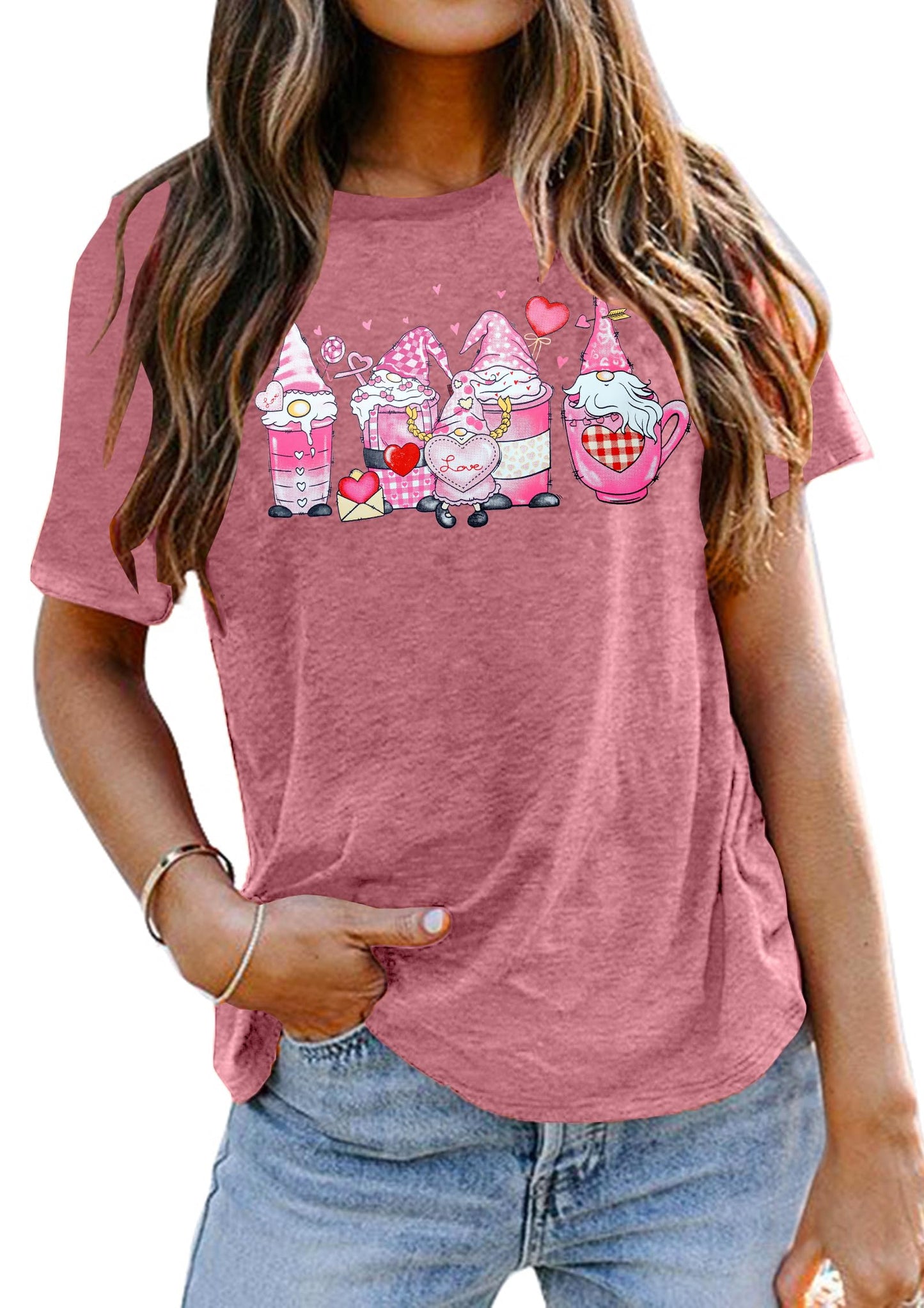 Valentine's Day Shirt for Womens Cute Gnomes T-Shirt Love Heart Printed Shirts Short Sleeve Graphic Tees Tops