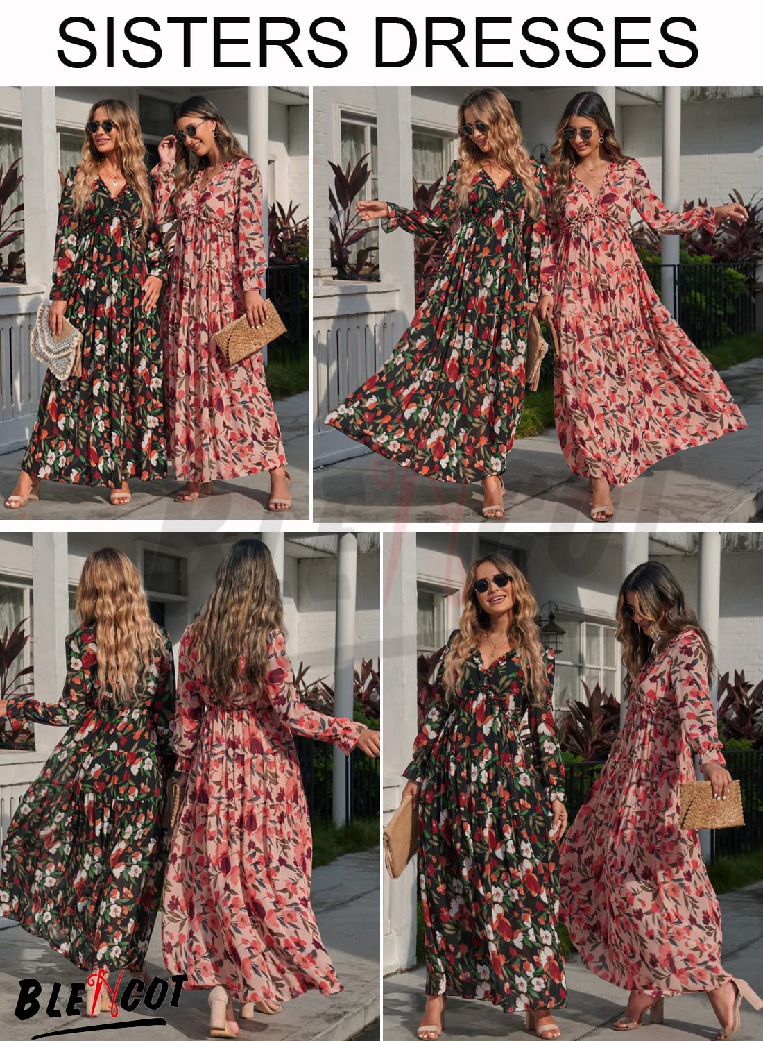 BLENCOT Womens Casual Boho Deep V Neck Short Sleeve Long Dress
