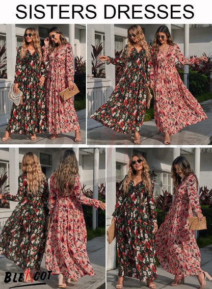 BLENCOT Womens Casual Boho Deep V Neck Short Sleeve Long Dress